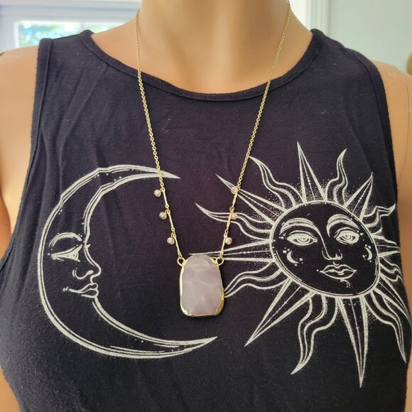 Gold Tone Necklace Faceted Rose Quartz Pendant Crystal Beads Layered Chain 18in - Picture 10 of 10